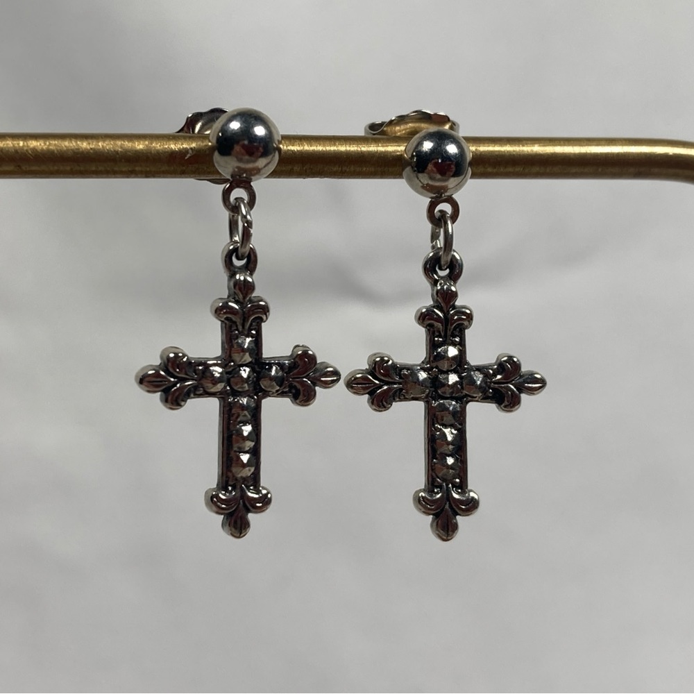 Vintage Avon Faux Marcasite Pave Cross Dangle  Earrings Silver Tone NOS
